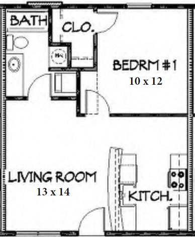 Floor plan for 1 bed, 1 bath, 572 sqft